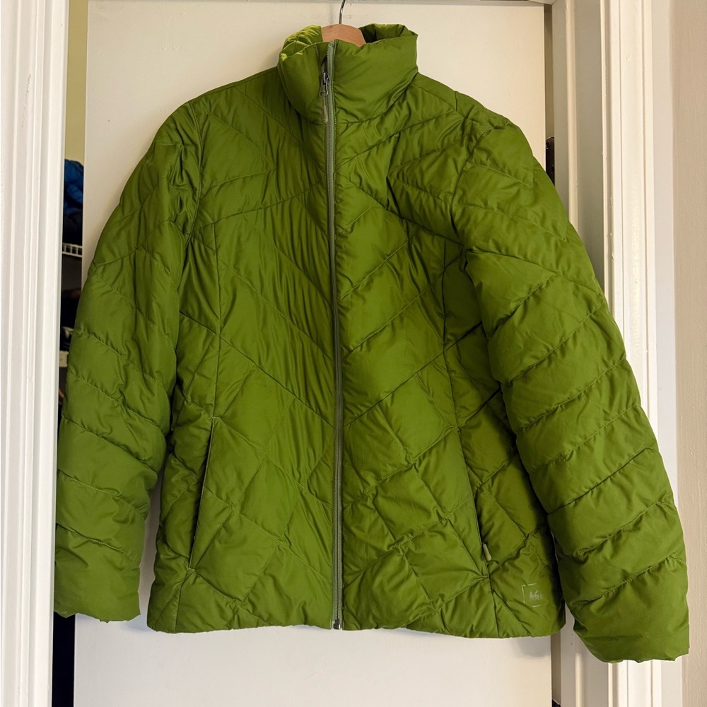 REI Co-op Therum Down Jacket Women Green Full Zip Water Repellent 650 Fill